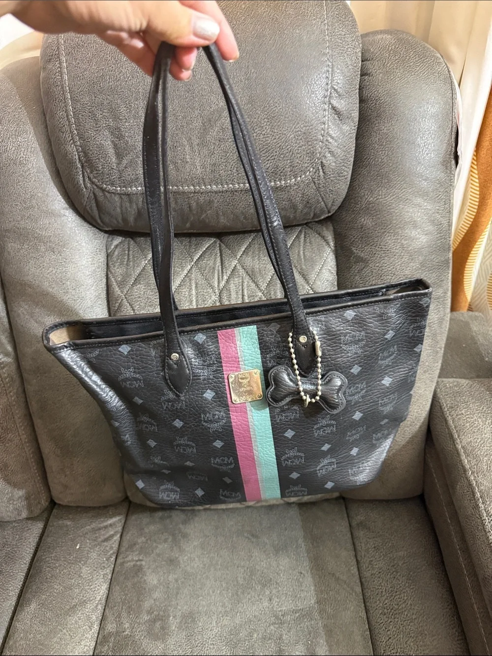 MCM Black Canvas Tote with Pink and Mint Center Stripes